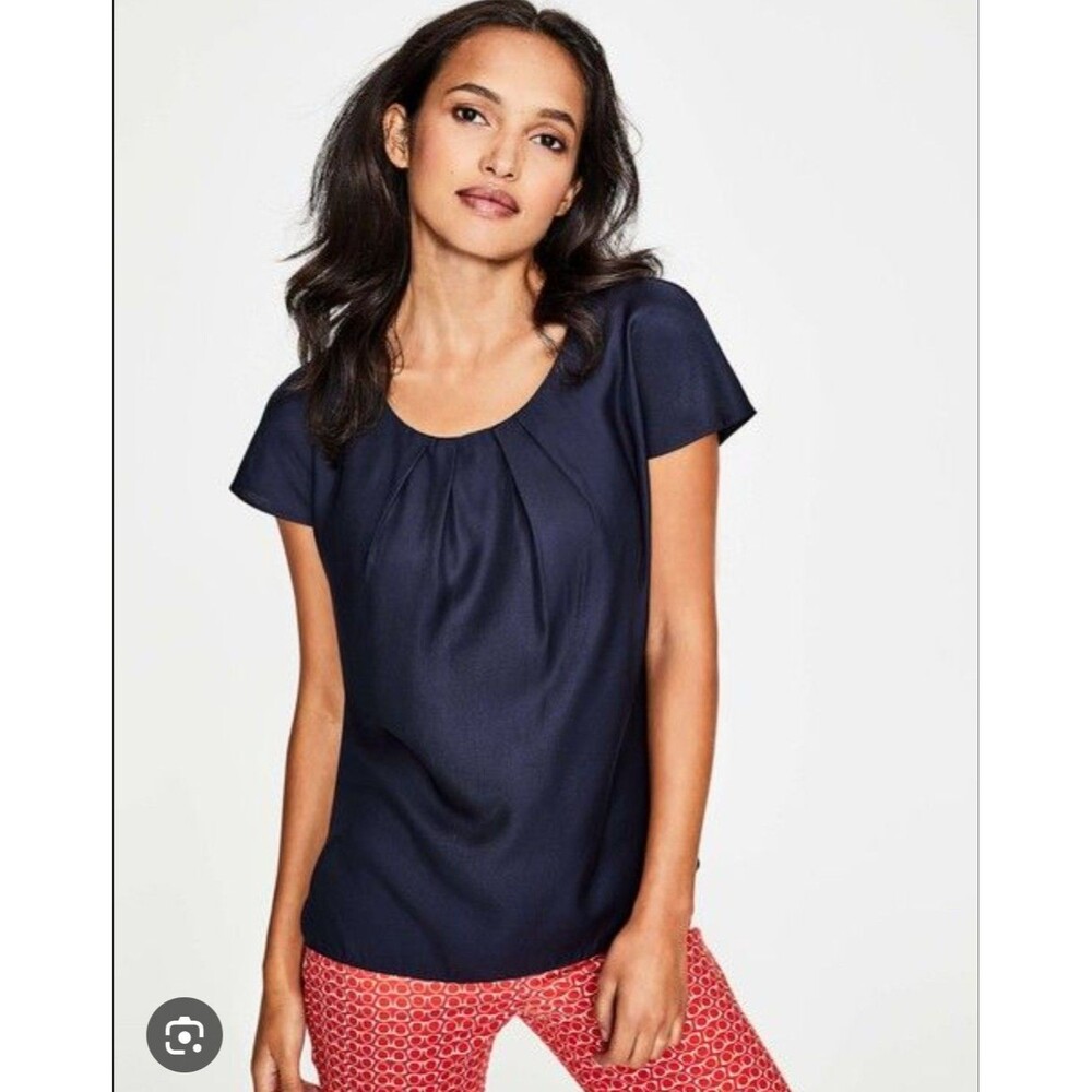Boden Blouse Womens US 4 Navy Blue Short Sleeve Pleated Silk‎ Blend Top Work